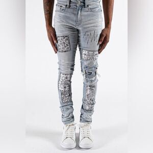 Serenede Light Wash Vanilla Sky Patched Denim Men's Skinny Jeans 42 x 32